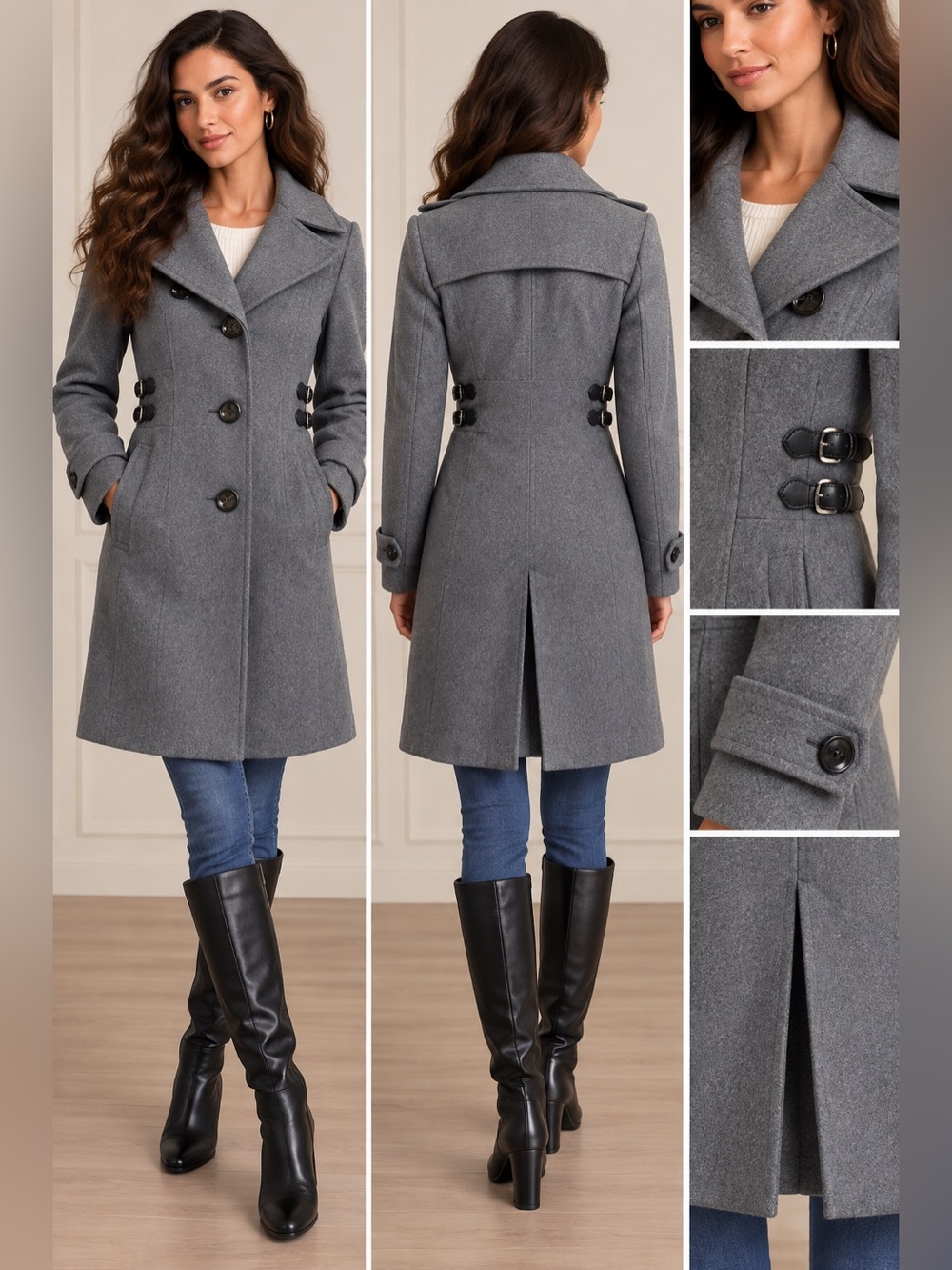 Kenneth Cole Gray Tailored Buckle Waist Long Coat